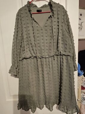 Tacera Olive Green Textured Long-Sleeve Midi Dress